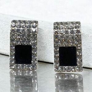 Vintage 1980's Petite Pave Crystal Black Enamel Pierced Earrings Couture Runway